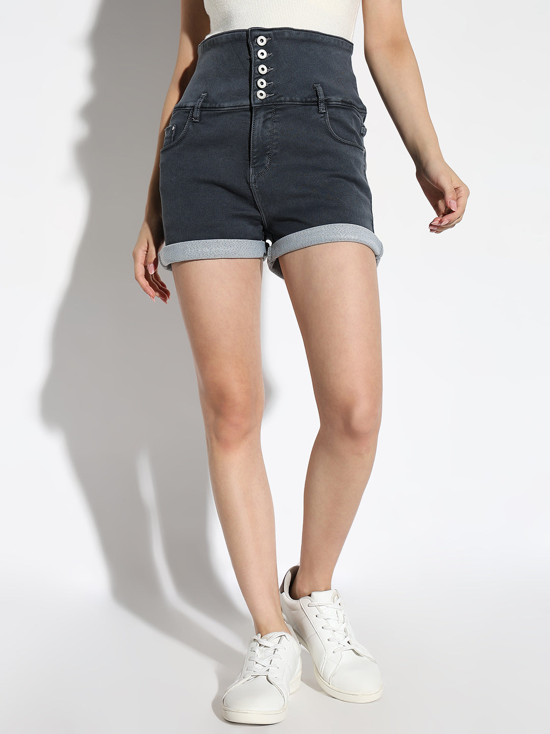 Women Solid Grey Denim Shorts