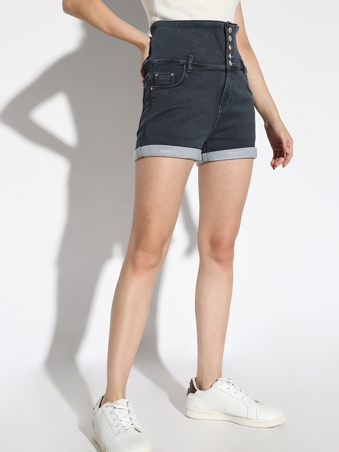 Women Solid Grey Denim Shorts