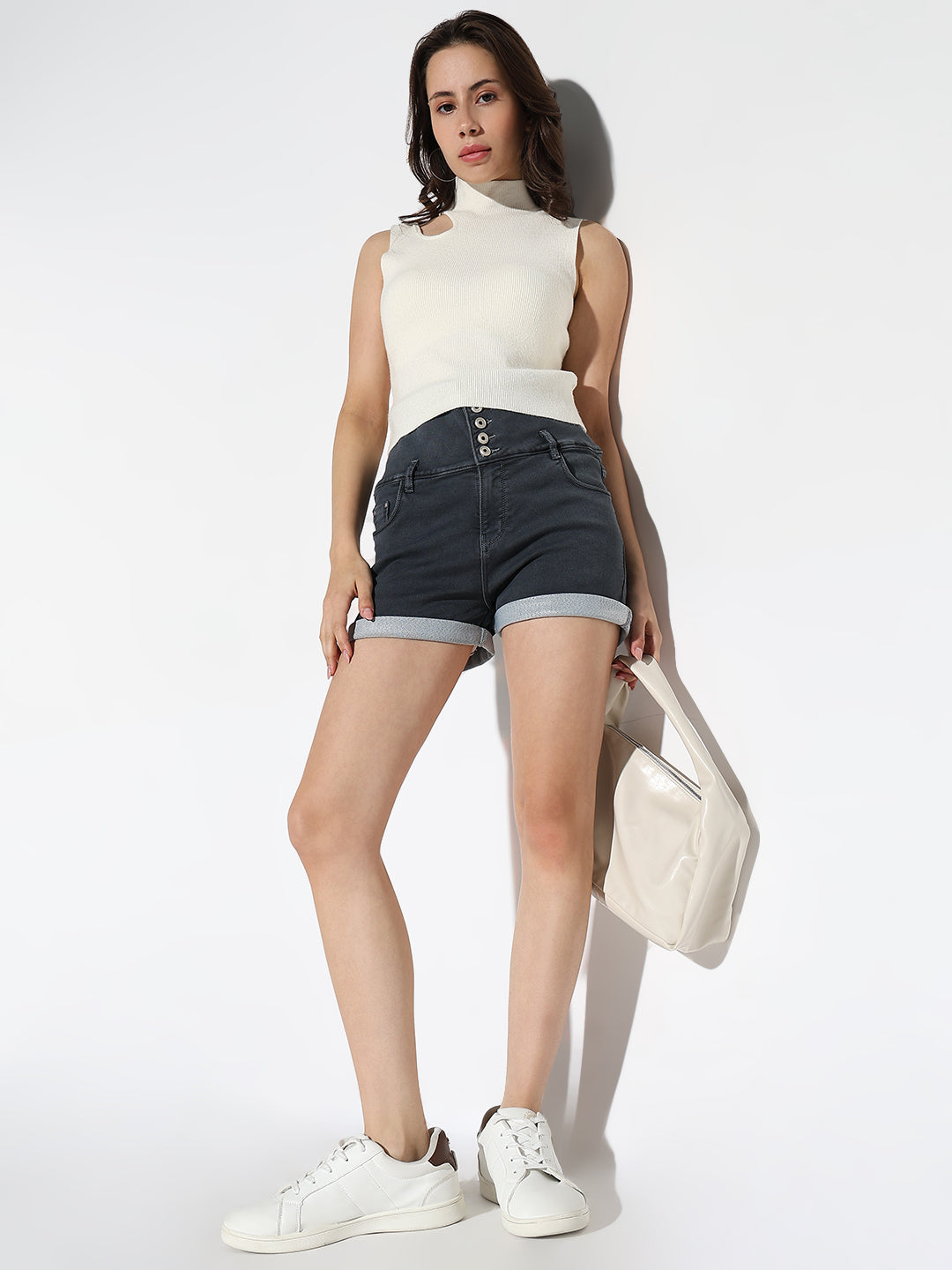 Women Solid Grey Denim Shorts