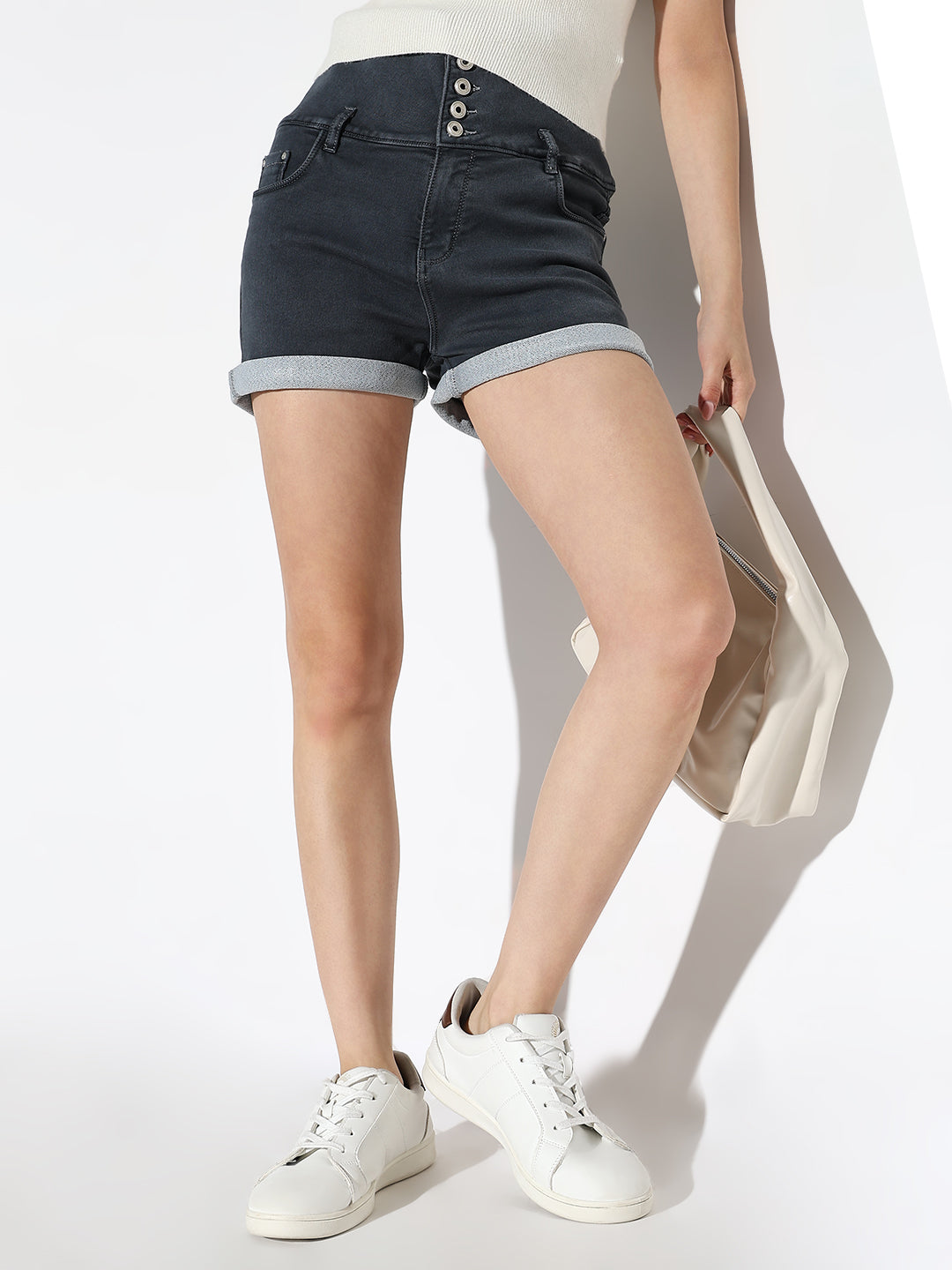 Women Solid Grey Denim Shorts