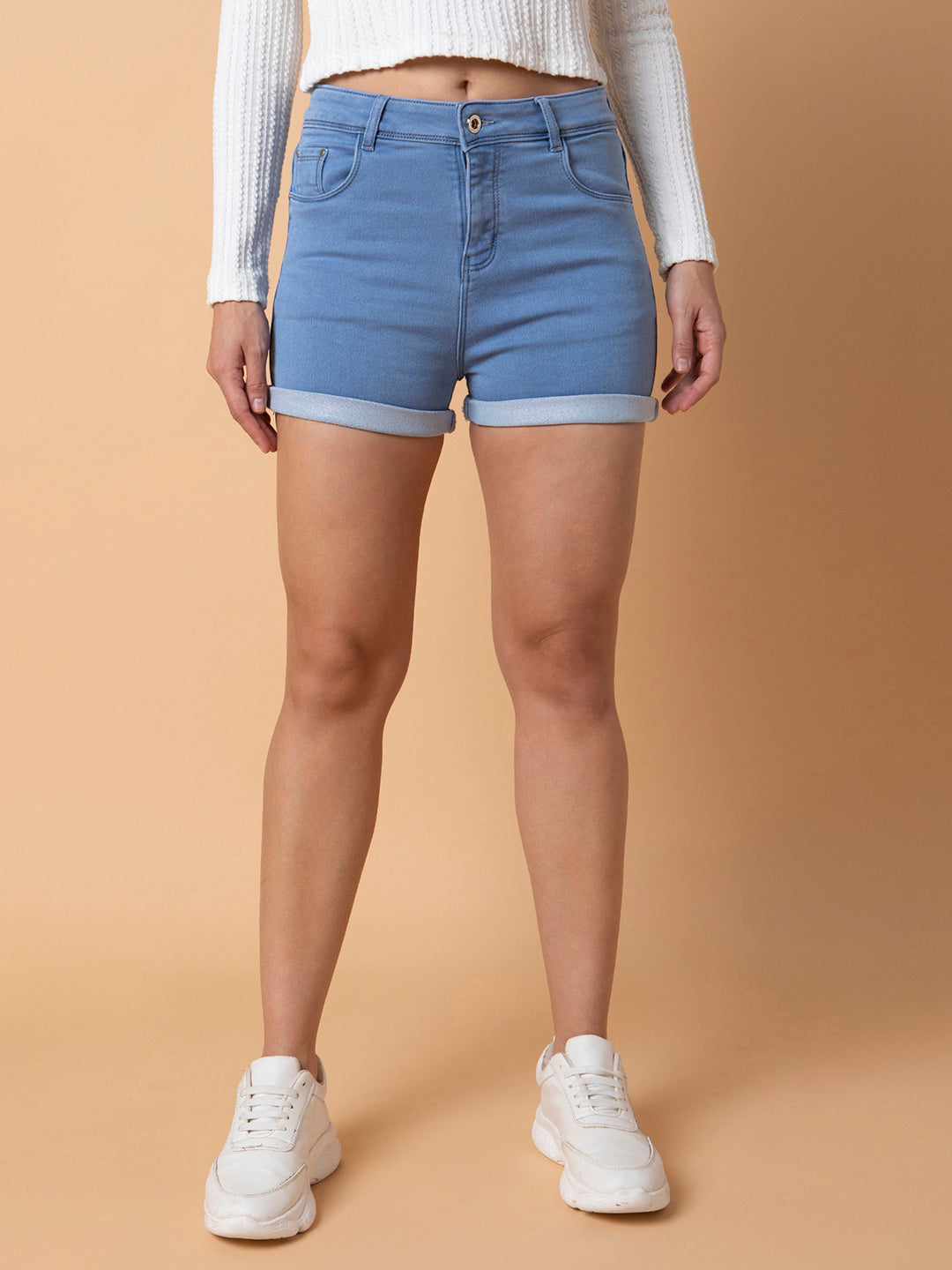 Women Solid Blue Denim Shorts