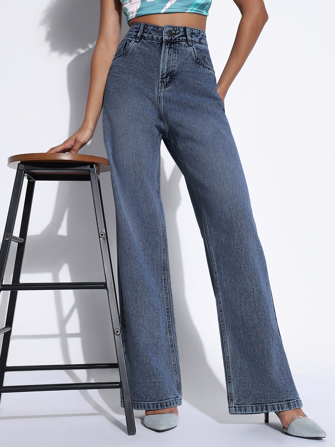 Women's Solid Dark Blue Wide Leg Jeans