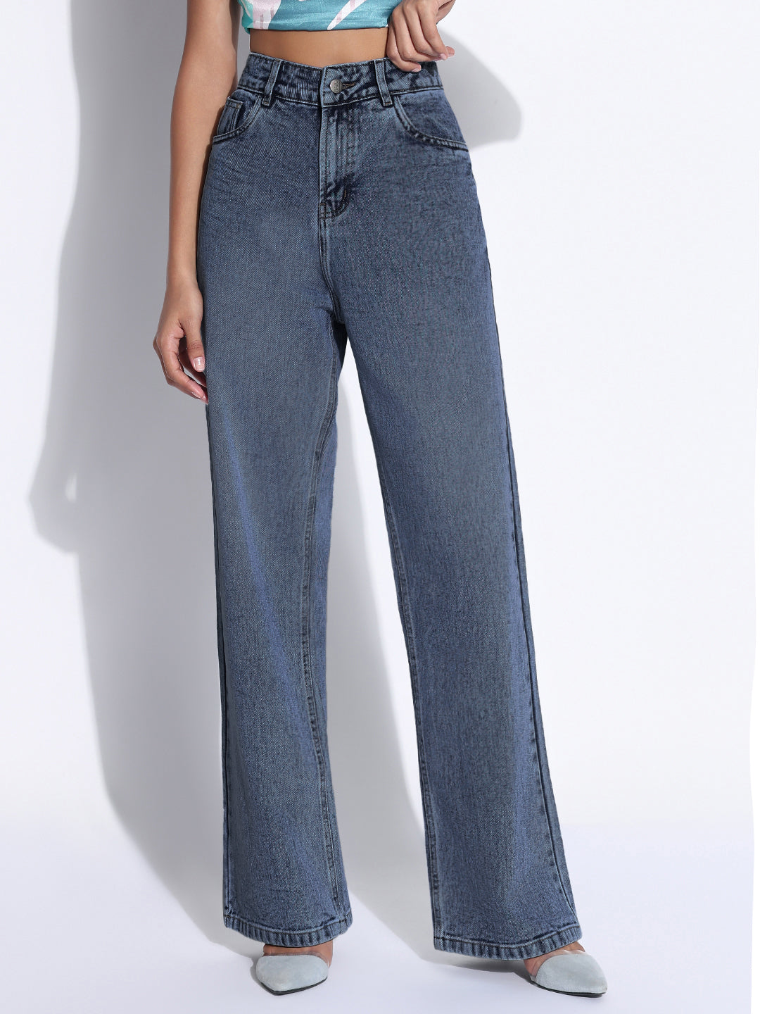 Women's Solid Dark Blue Wide Leg Jeans