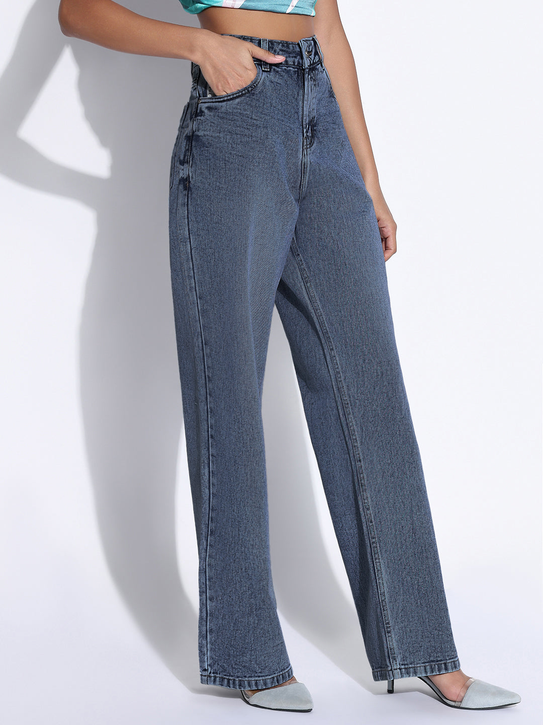 Women's Solid Dark Blue Wide Leg Jeans