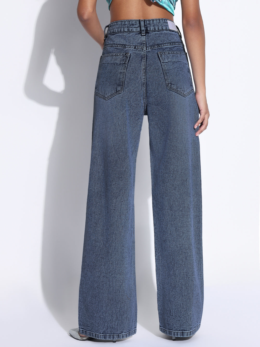 Women's Solid Dark Blue Wide Leg Jeans