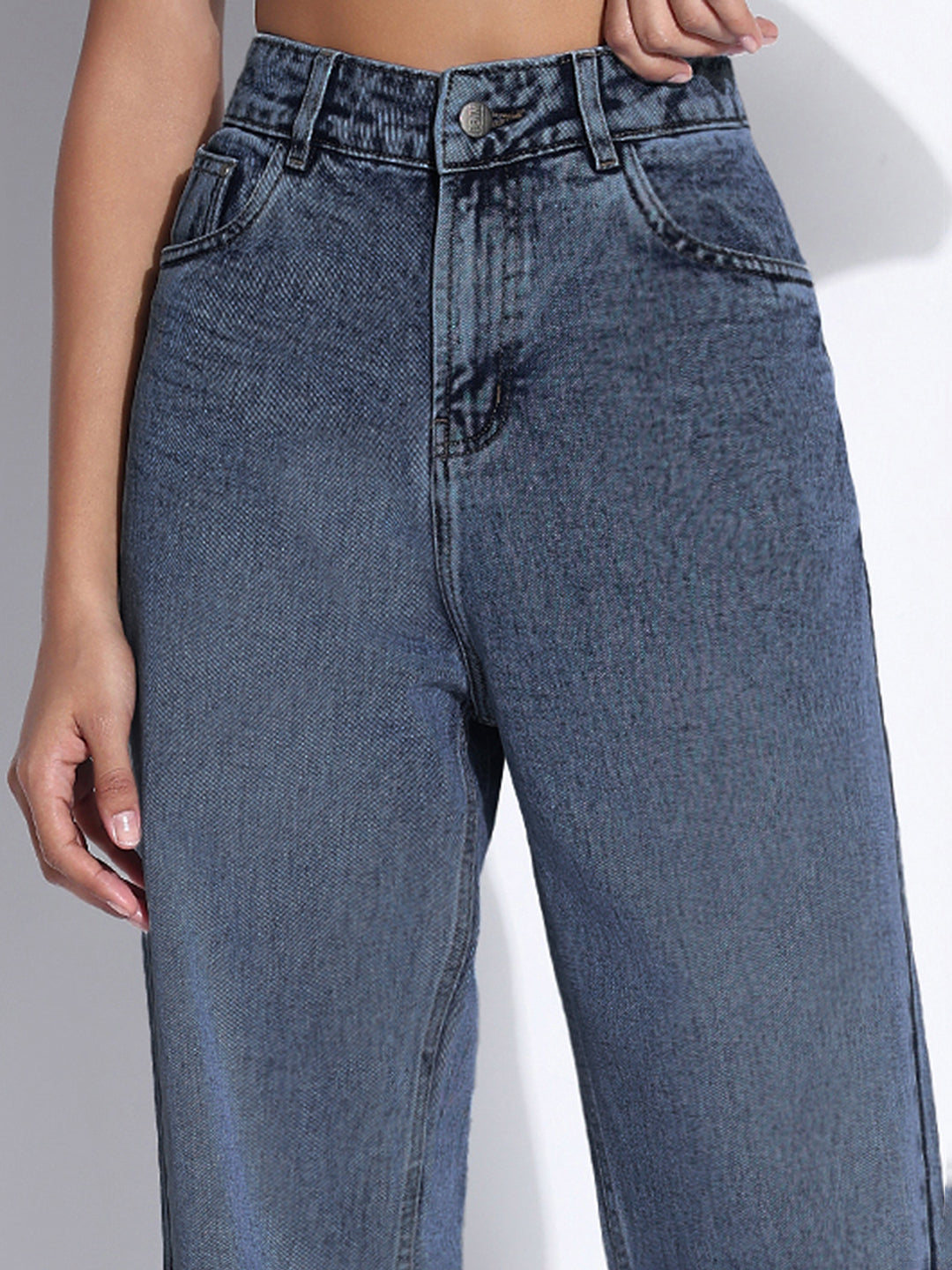 Women's Solid Dark Blue Wide Leg Jeans