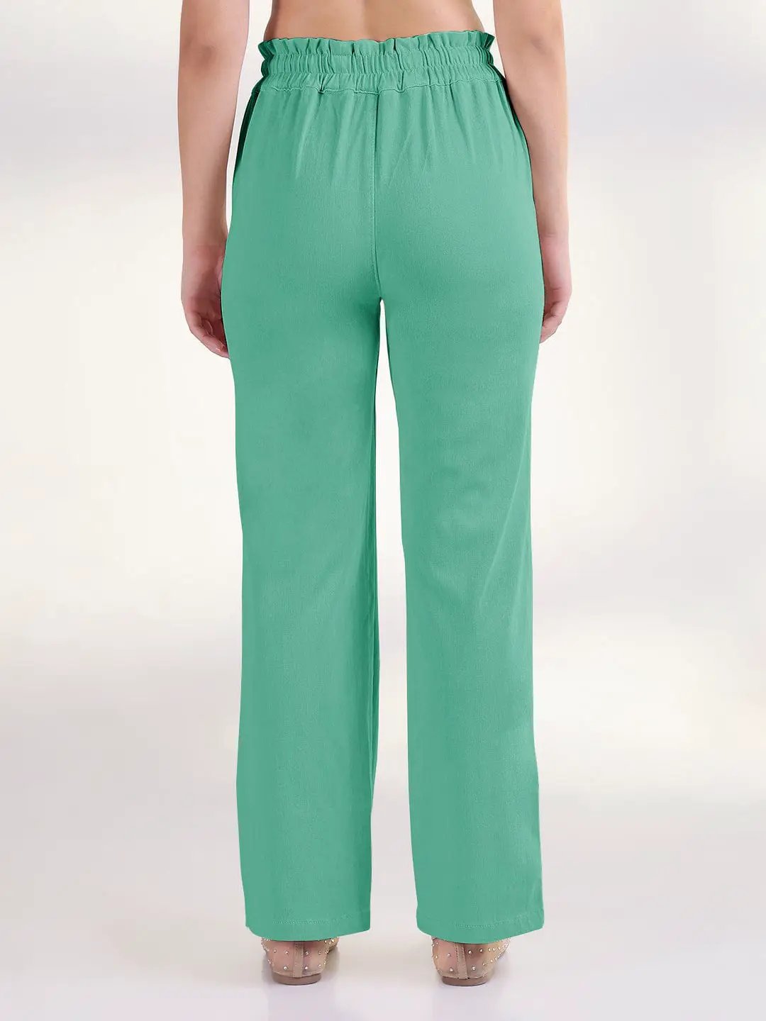 Women's Green Straight Fit Cotton Trousers with Waist Tie up and Button - from SHOWOFFFF