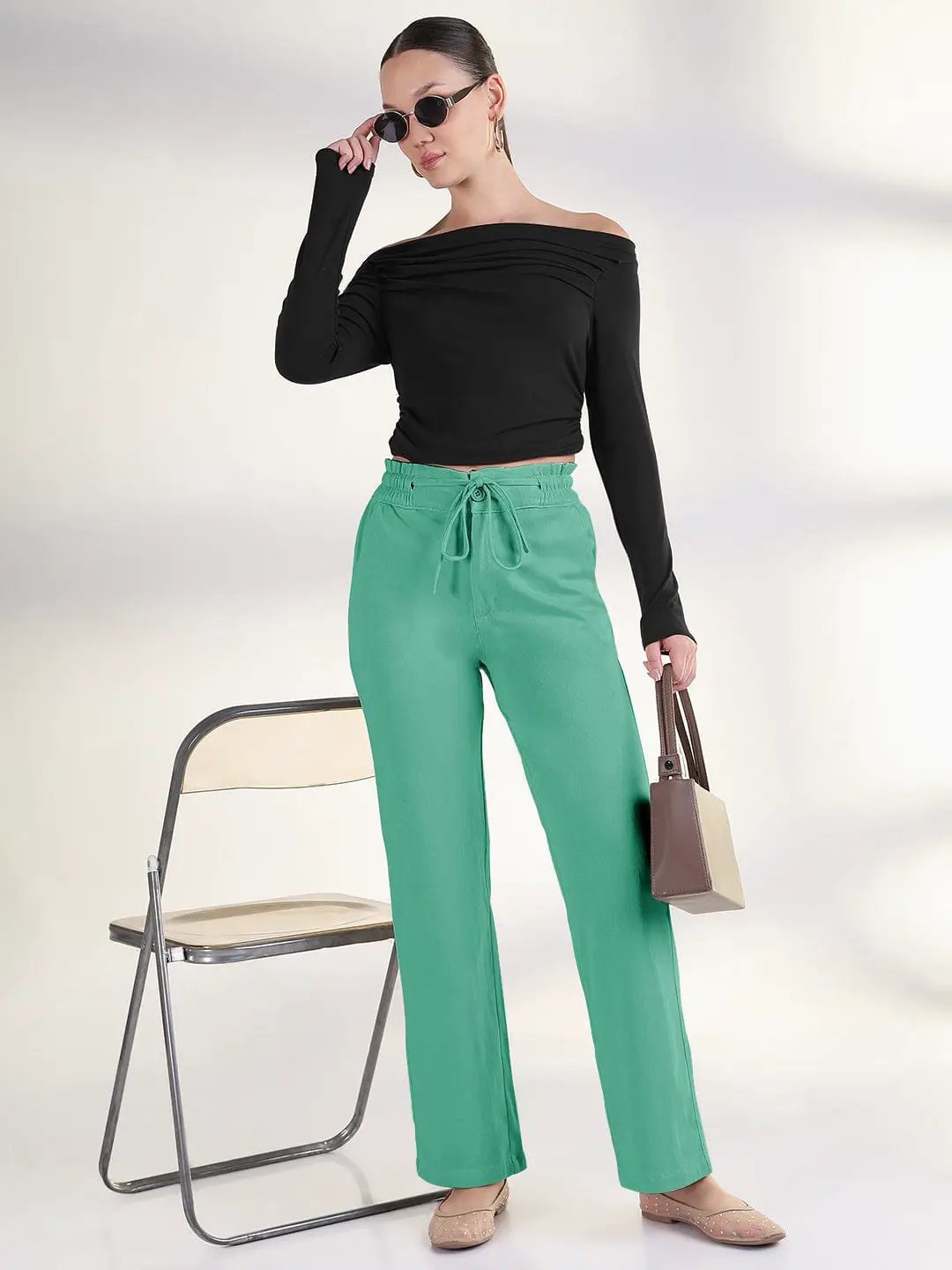 Women's Green Straight Fit Cotton Trousers with Waist Tie up and Button - from SHOWOFFFF