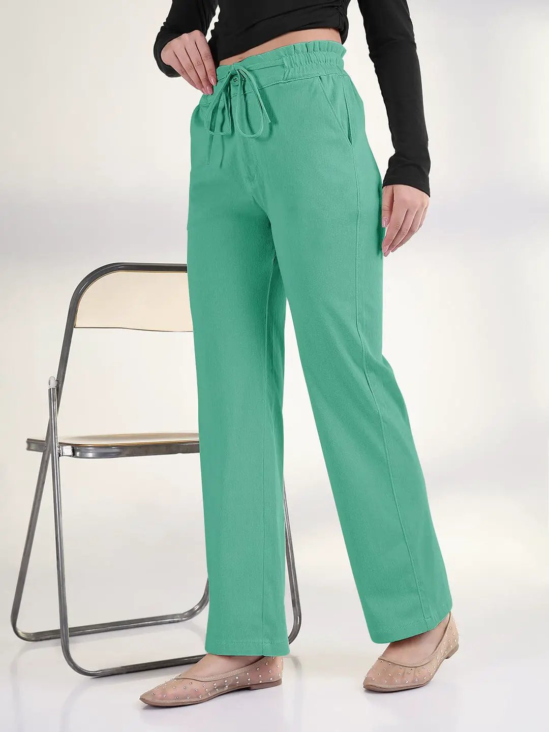 Women's Green Straight Fit Cotton Trousers with Waist Tie up and Button - from SHOWOFFFF