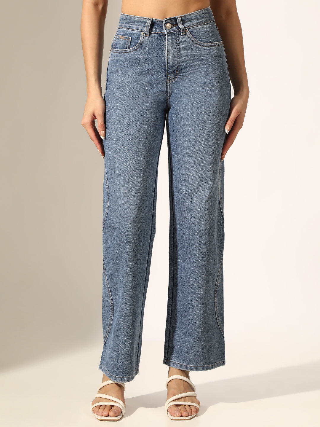 Women's Blue High-Rise Straight Fit Jeans with Curved Panel Detail