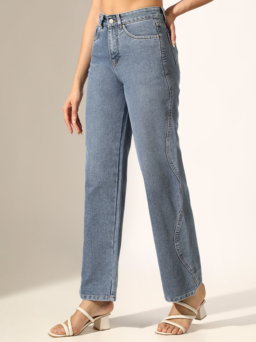 Women's Blue High-Rise Straight Fit Jeans with Curved Panel Detail