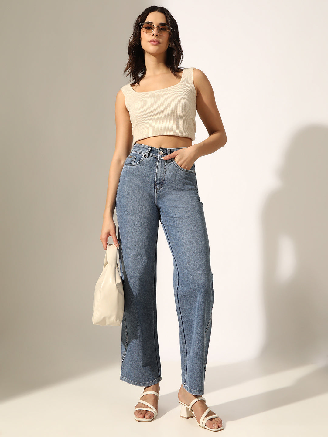 Women's Blue High-Rise Straight Fit Jeans with Curved Panel Detail