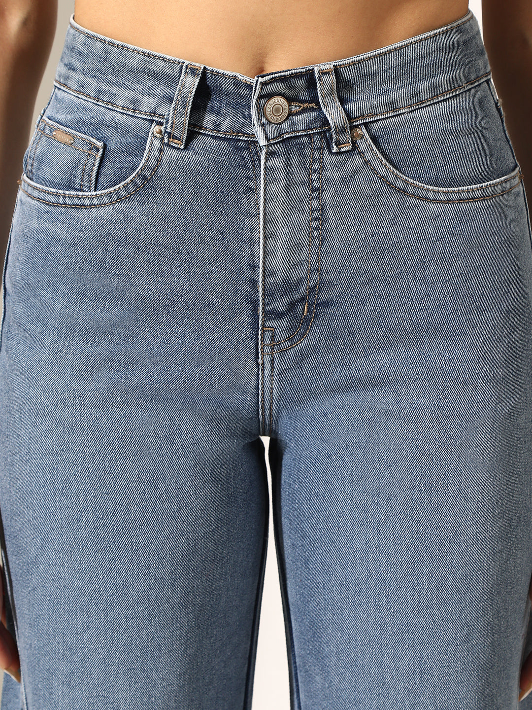 Women's Blue High-Rise Straight Fit Jeans with Curved Panel Detail