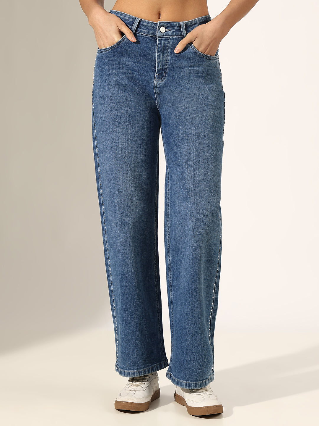 Women's Blue Mid-Rise Straight Fit Jeans with Side Seam Embellishments