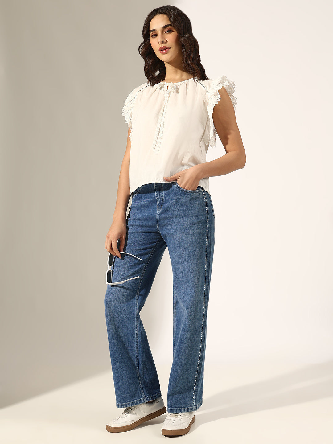 Women's Blue Mid-Rise Straight Fit Jeans with Side Seam Embellishments