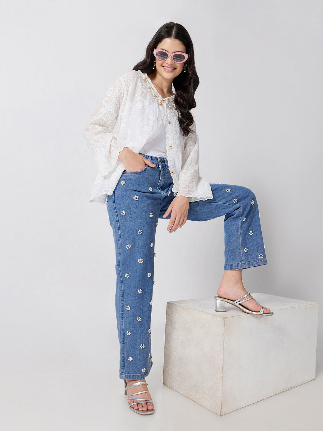 Women’s Embellished Blue High Rise Striaght Leg Jeans with Pearl Floral Detailing