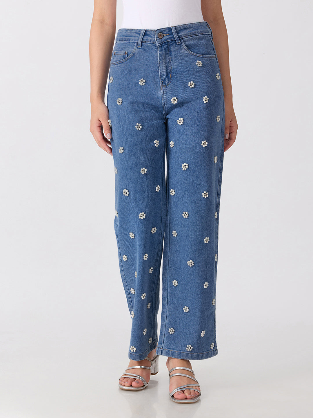 Women’s Embellished Blue High Rise Striaght Leg Jeans with Pearl Floral Detailing