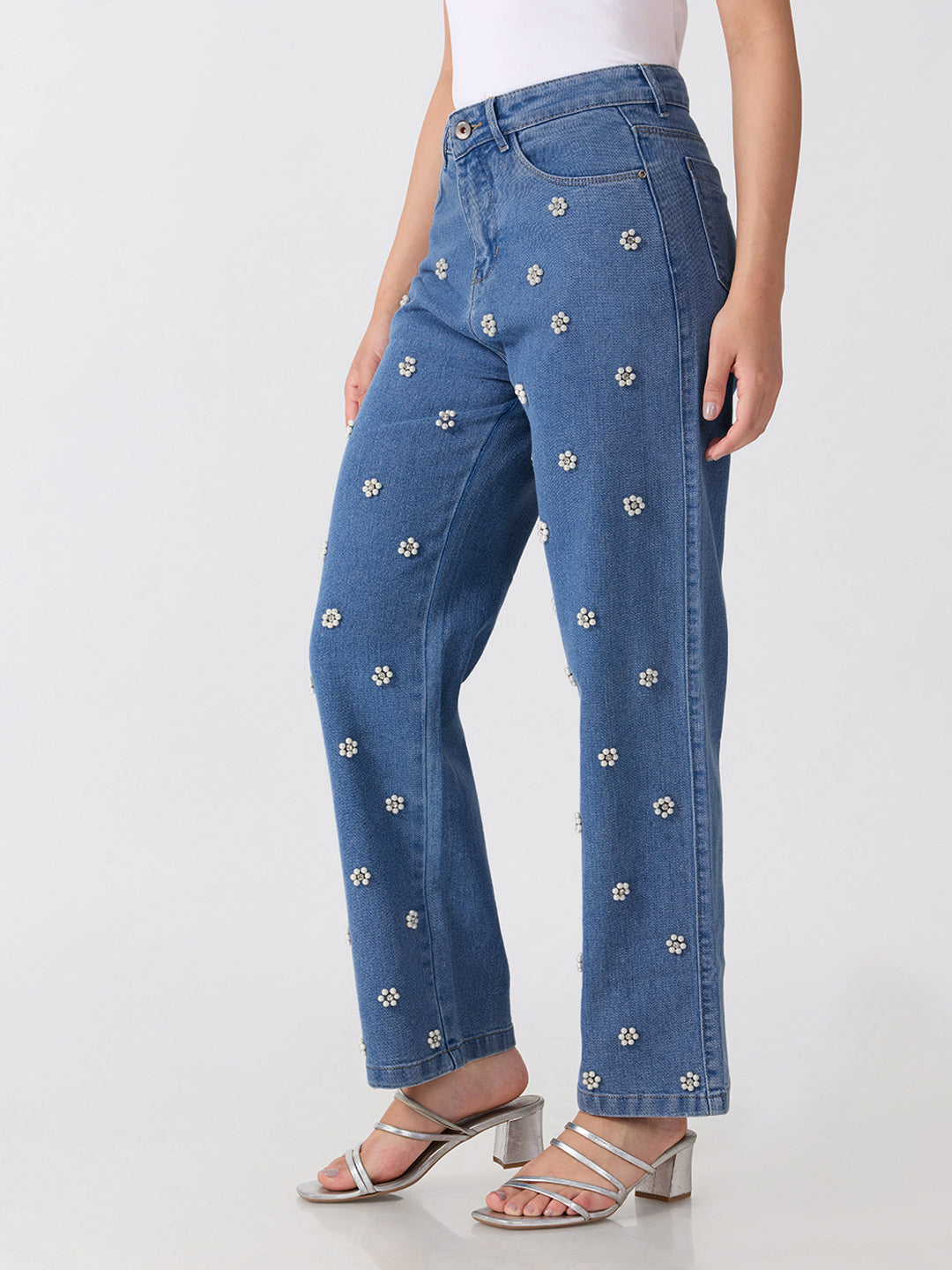 Women’s Embellished Blue High Rise Striaght Leg Jeans with Pearl Floral Detailing