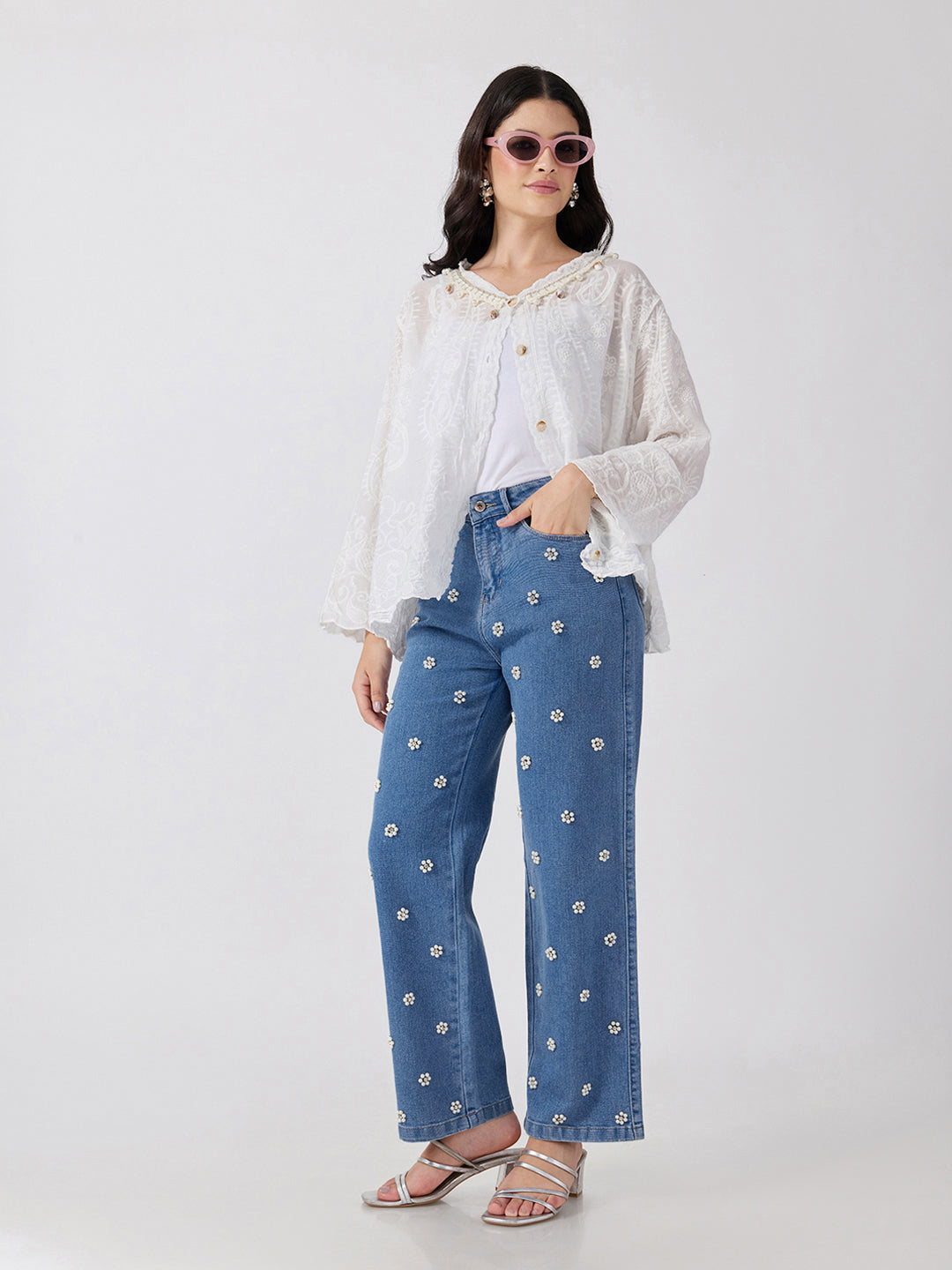 Women’s Embellished Blue High Rise Striaght Leg Jeans with Pearl Floral Detailing