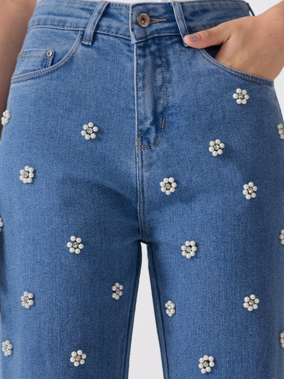 Women’s Embellished Blue High Rise Striaght Leg Jeans with Pearl Floral Detailing