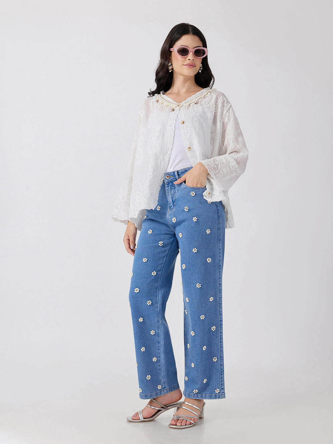 Women’s Embellished Light Blue High Rise Striaght Leg Jeans with Pearl Floral Detailing