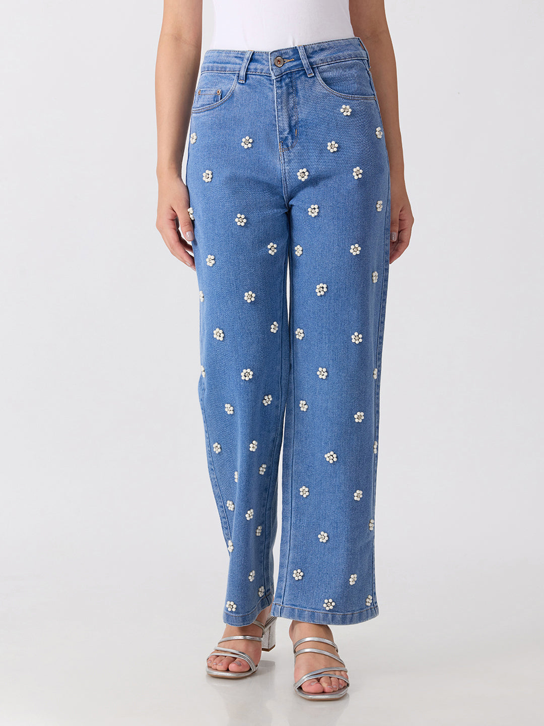 Women’s Embellished Light Blue High Rise Striaght Leg Jeans with Pearl Floral Detailing