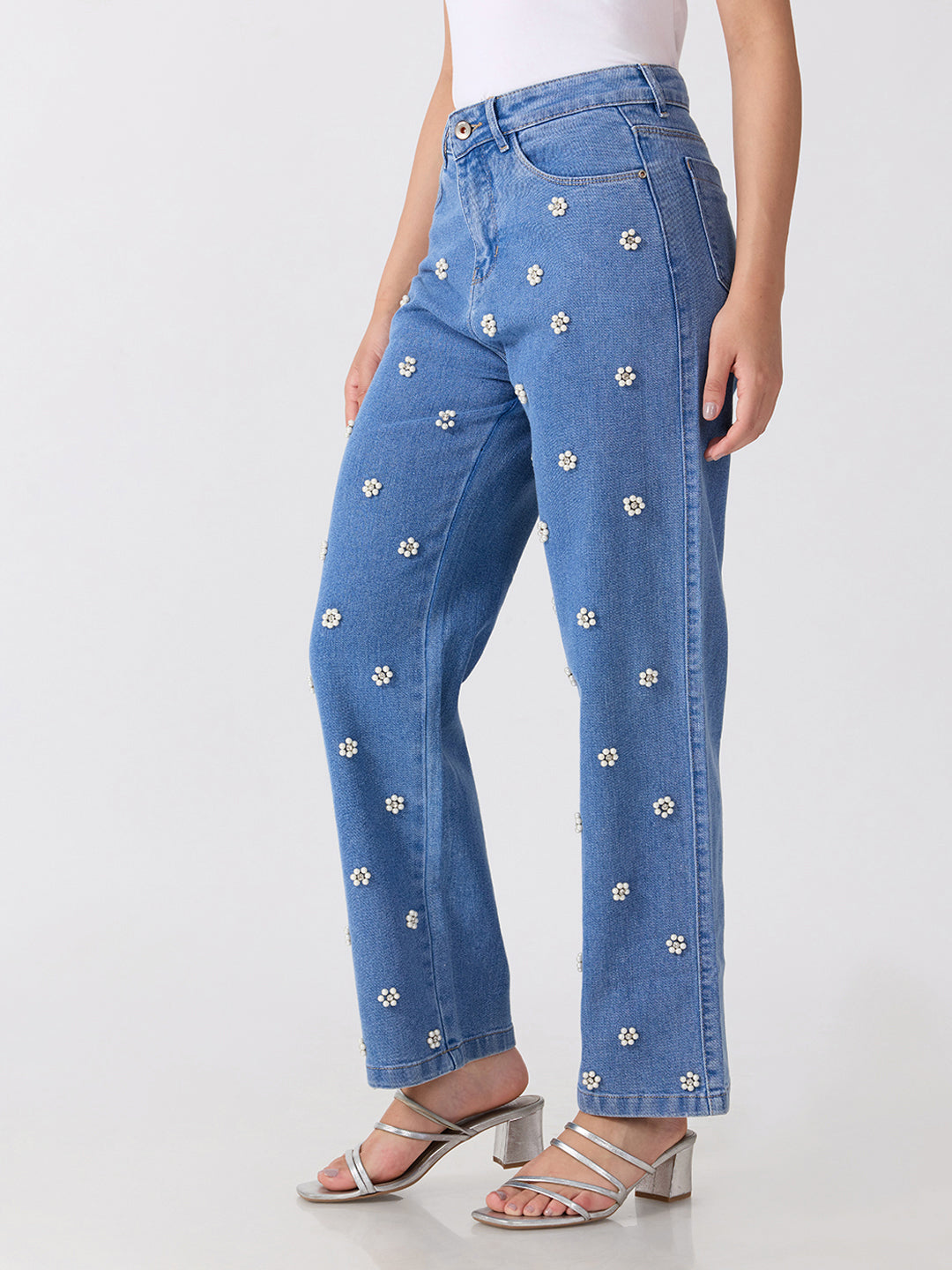 Women’s Embellished Light Blue High Rise Striaght Leg Jeans with Pearl Floral Detailing