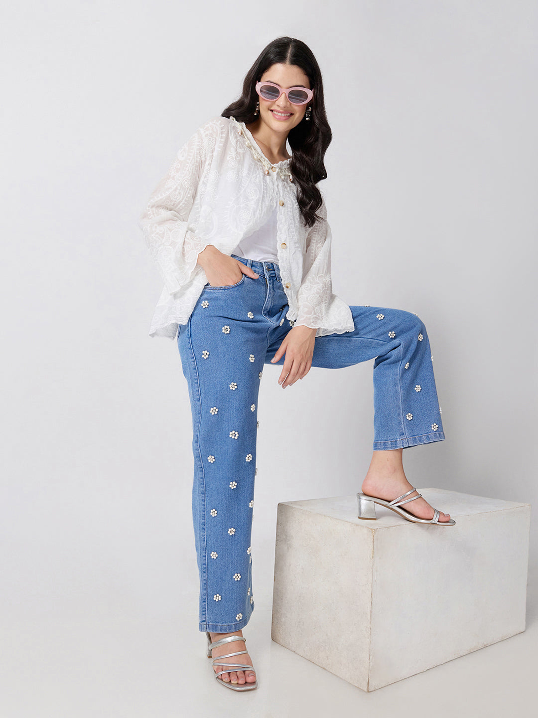 Women’s Embellished Light Blue High Rise Striaght Leg Jeans with Pearl Floral Detailing