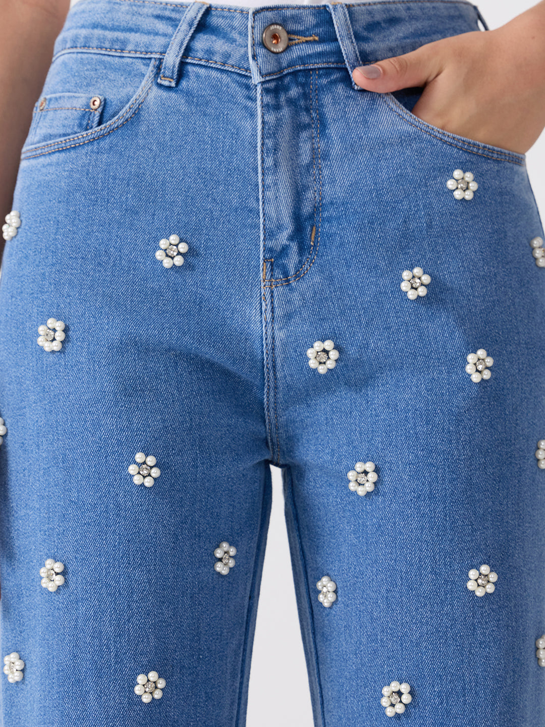 Women’s Embellished Light Blue High Rise Striaght Leg Jeans with Pearl Floral Detailing