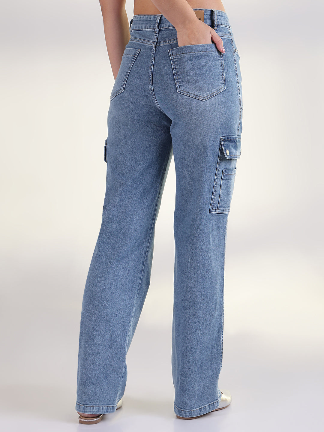Women's Solid Blue Straight Fit Cargo Jean