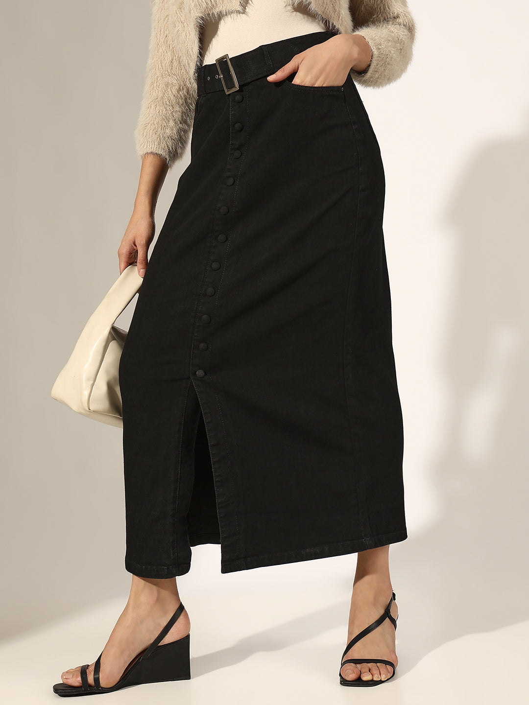 Women's Black Denim Belted Button-Down Front Slit Skirt