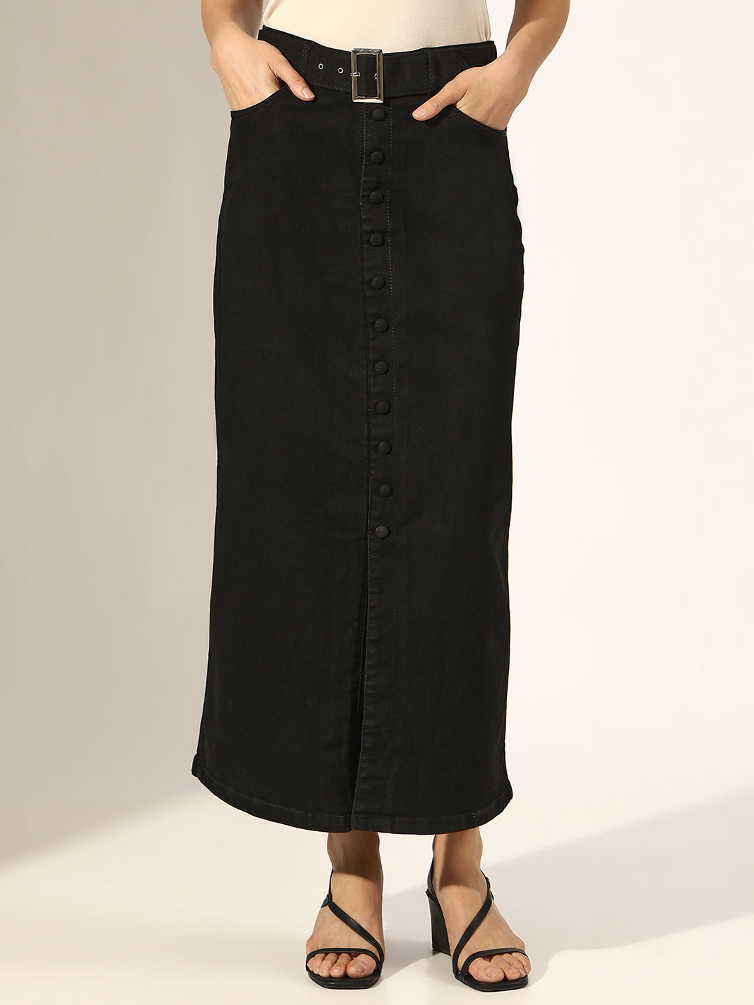 Women's Black Denim Belted Button-Down Front Slit Skirt