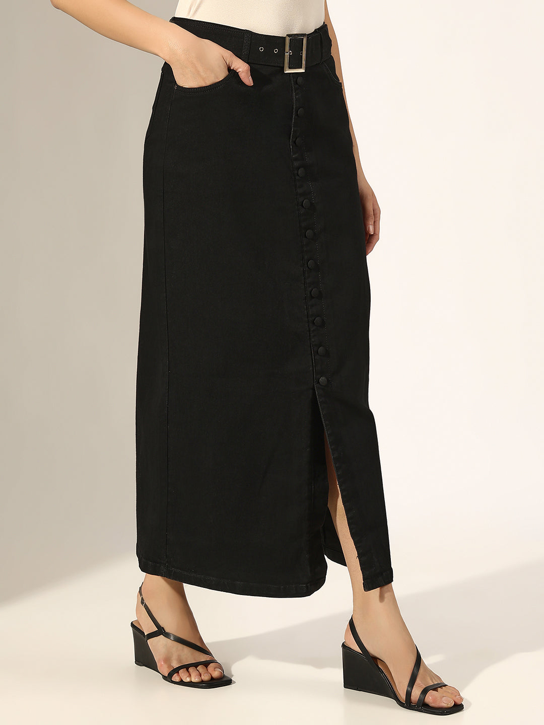 Women's Black Denim Belted Button-Down Front Slit Skirt