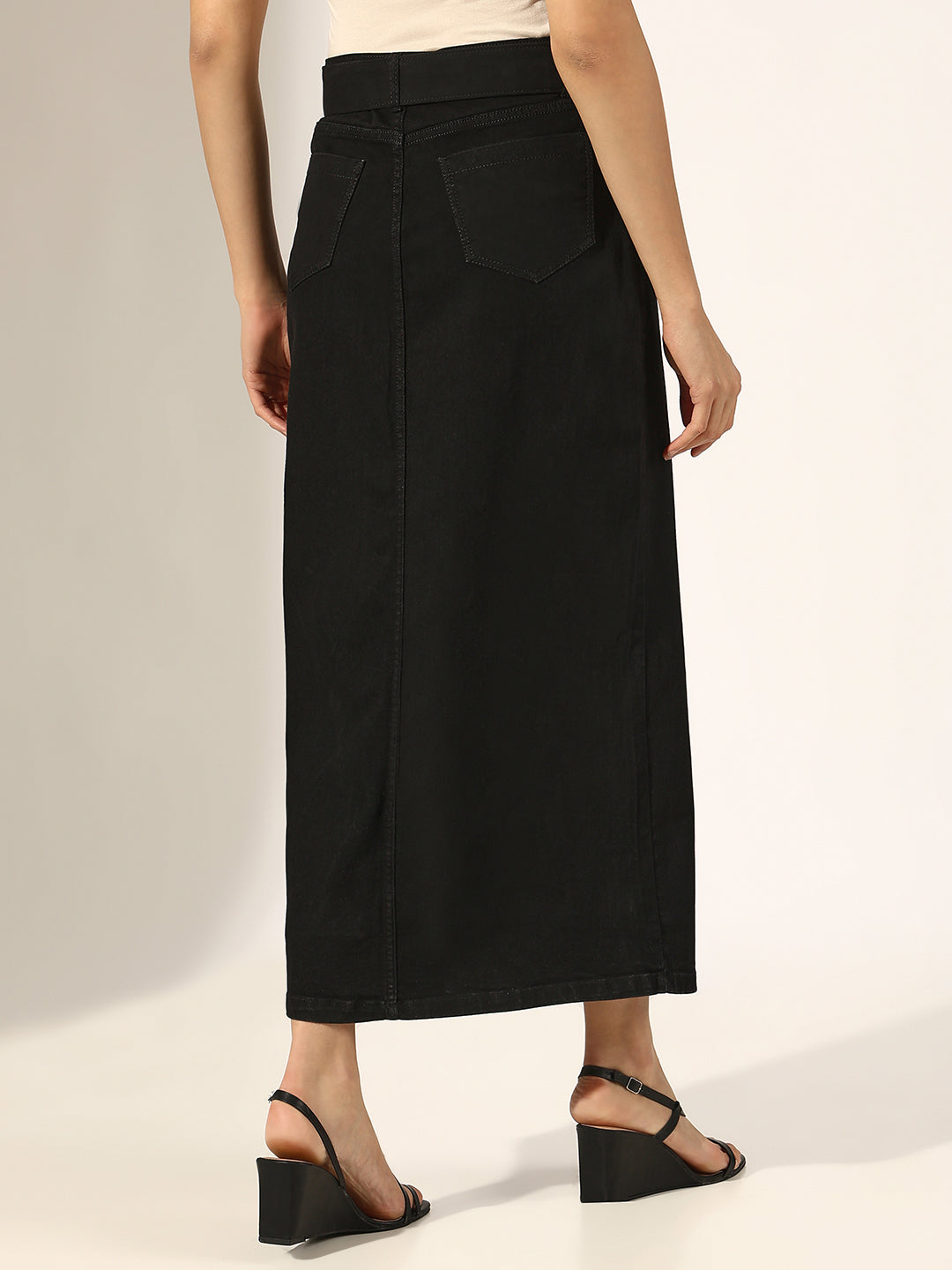 Women's Black Denim Belted Button-Down Front Slit Skirt