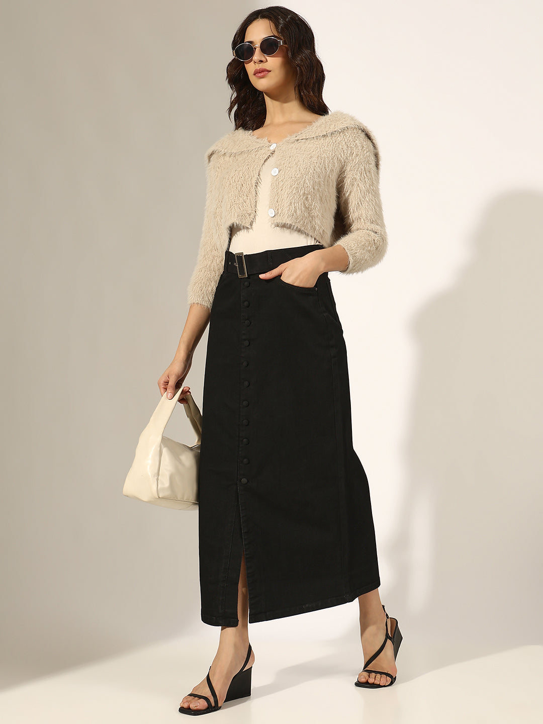Women's Black Denim Belted Button-Down Front Slit Skirt