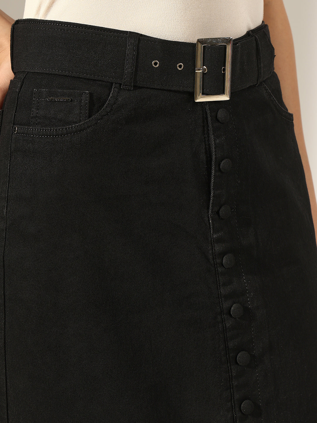 Women's Black Denim Belted Button-Down Front Slit Skirt