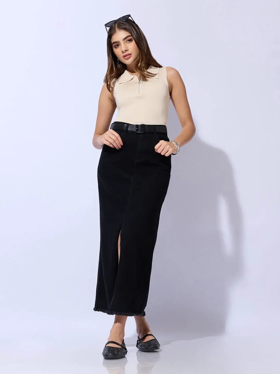 Women's Solid Black Straight Maxi Denim Skirt with Belt