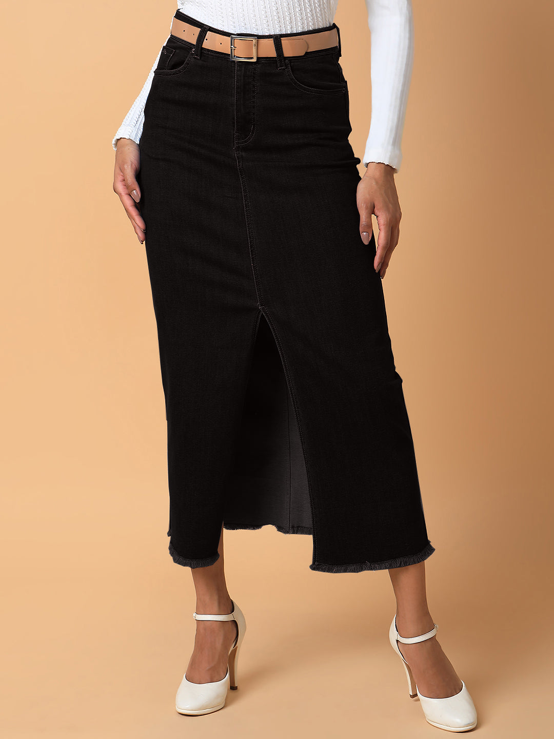 Women Solid Black Straight Maxi Denim Skirt with Belt