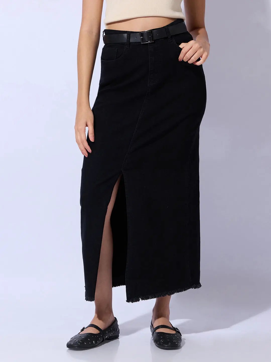 Women's Solid Black Straight Maxi Denim Skirt with Belt