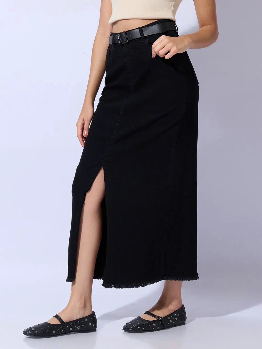 Women's Solid Black Straight Maxi Denim Skirt with Belt