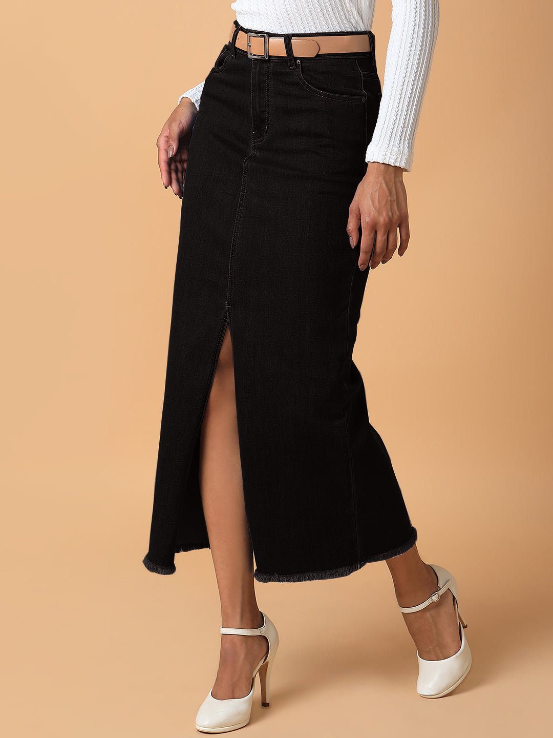 Women Solid Black Straight Maxi Denim Skirt with Belt