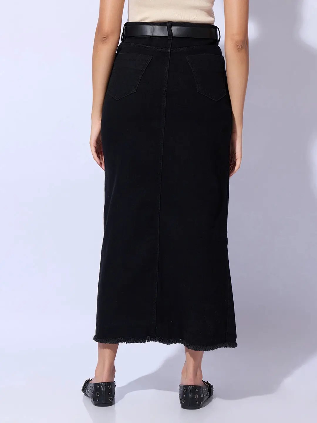 Women's Solid Black Straight Maxi Denim Skirt with Belt
