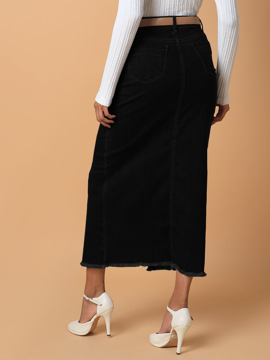 Women Solid Black Straight Maxi Denim Skirt with Belt