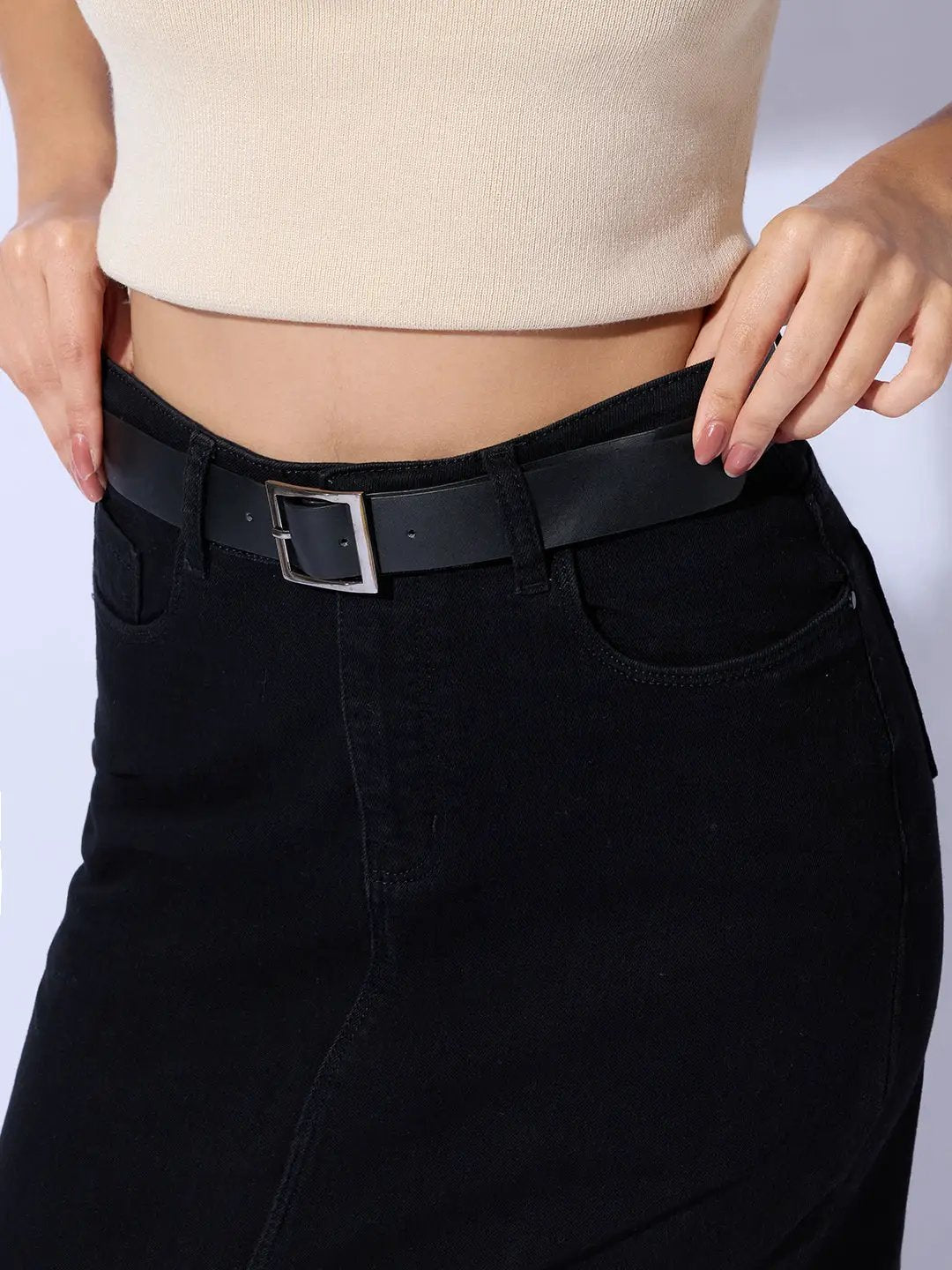Women's Solid Black Straight Maxi Denim Skirt with Belt
