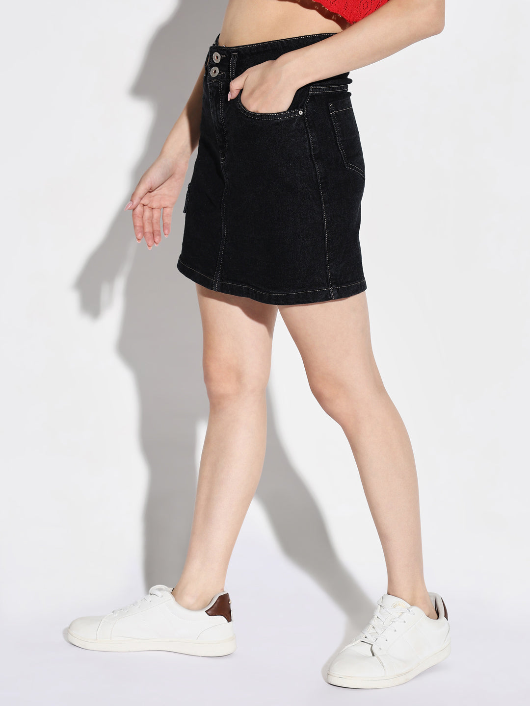 Women Black Solid Pencil Denim Skirt