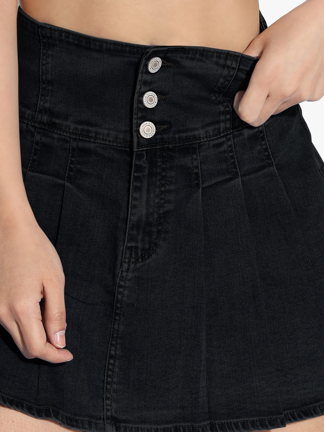 Women Solid Flared Mini Black Denim Skirt