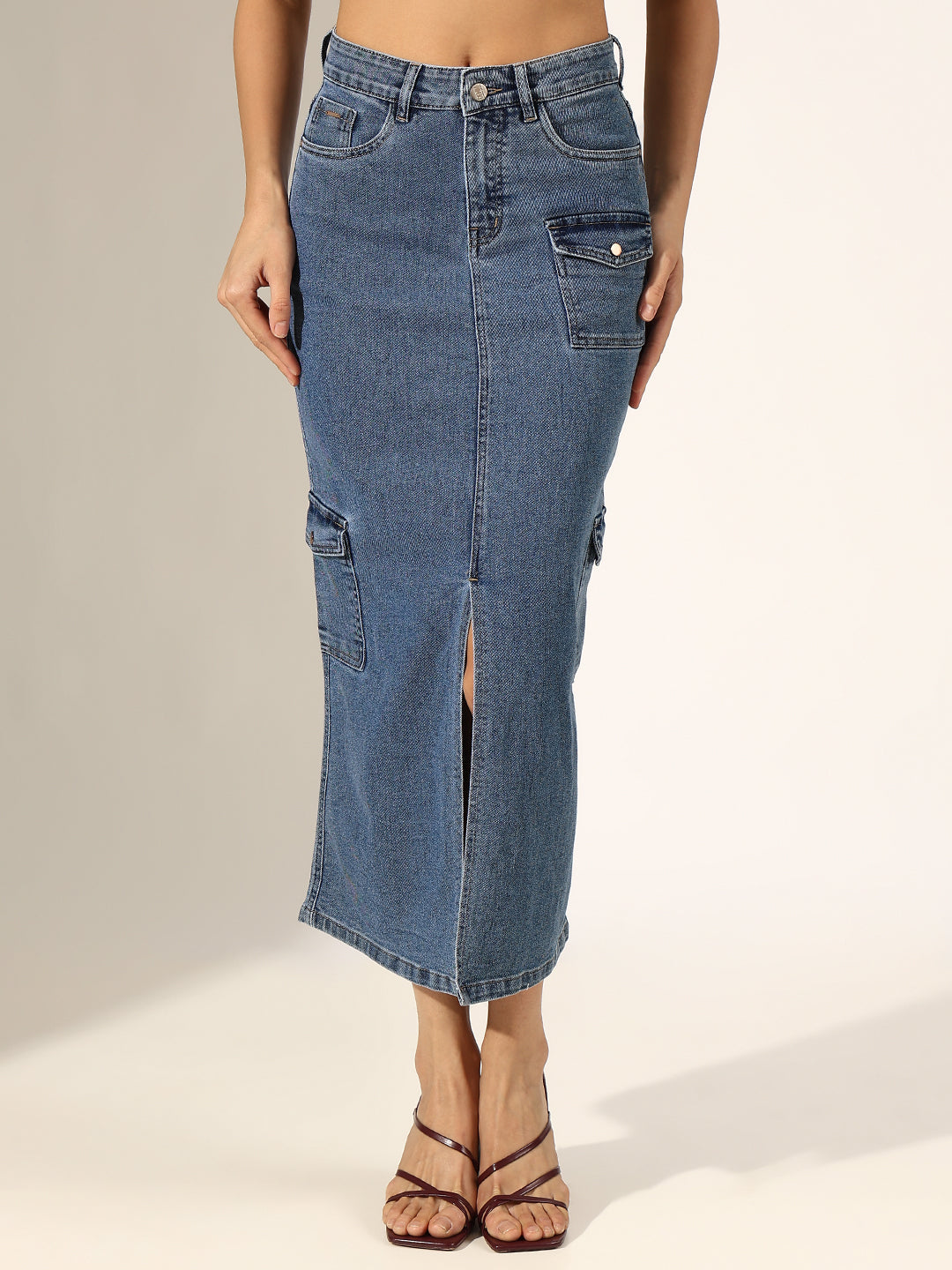 Women's Dark Blue Denim Cargo Midi Skirt with Front Slit