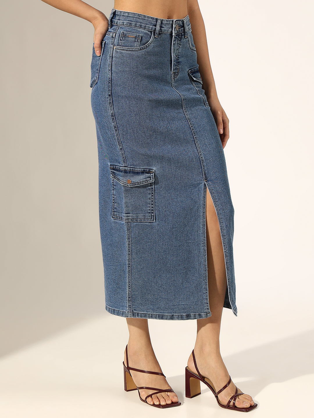 Women's Dark Blue Denim Cargo Midi Skirt with Front Slit