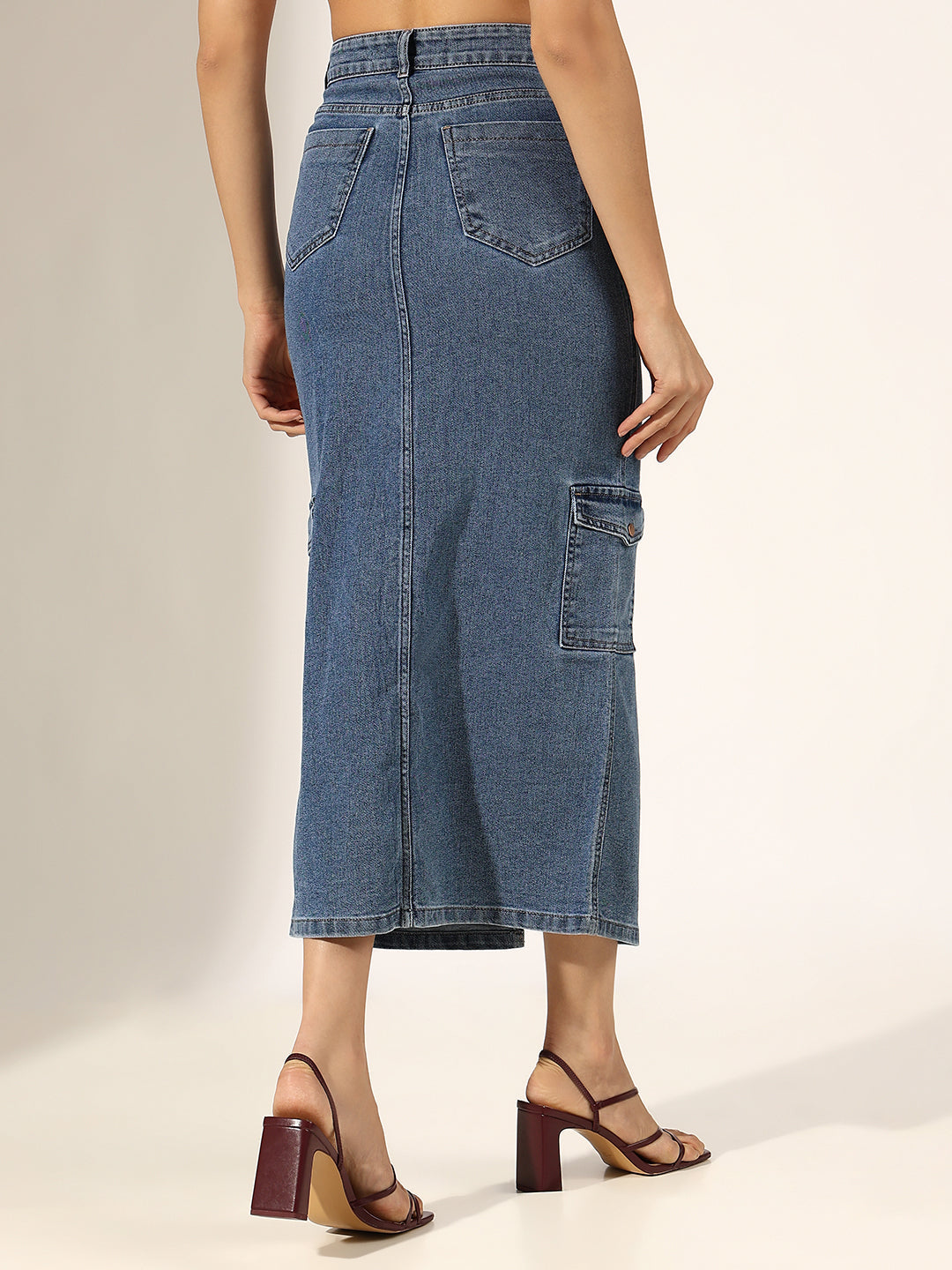 Women's Dark Blue Denim Cargo Midi Skirt with Front Slit