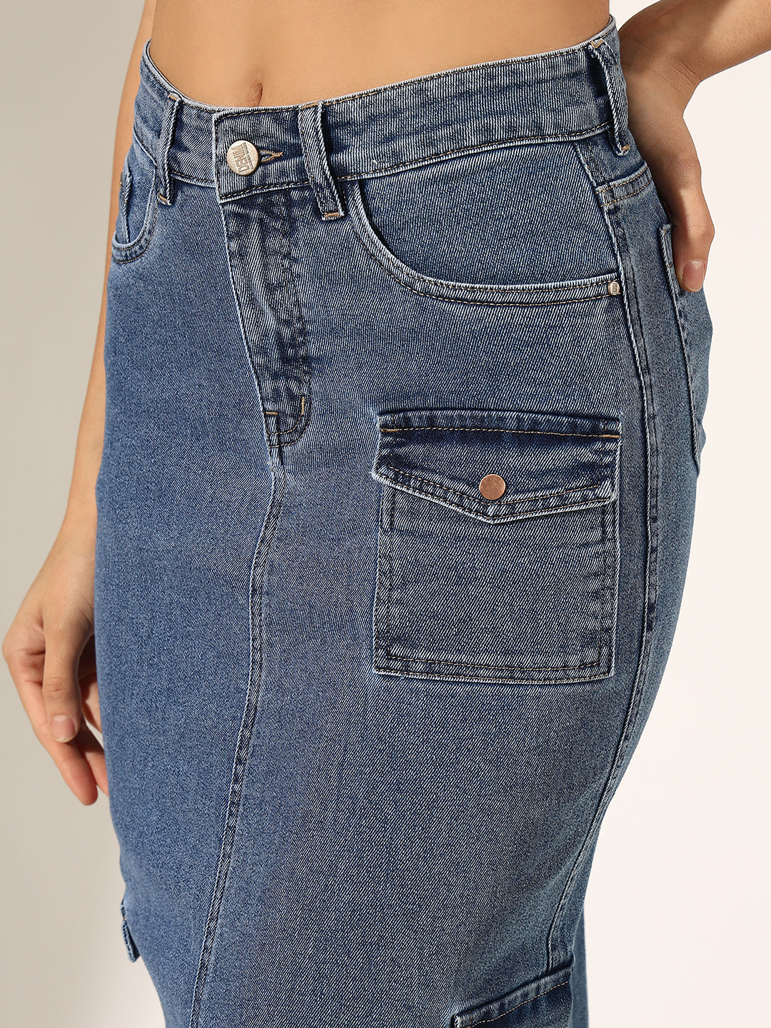 Women's Dark Blue Denim Cargo Midi Skirt with Front Slit